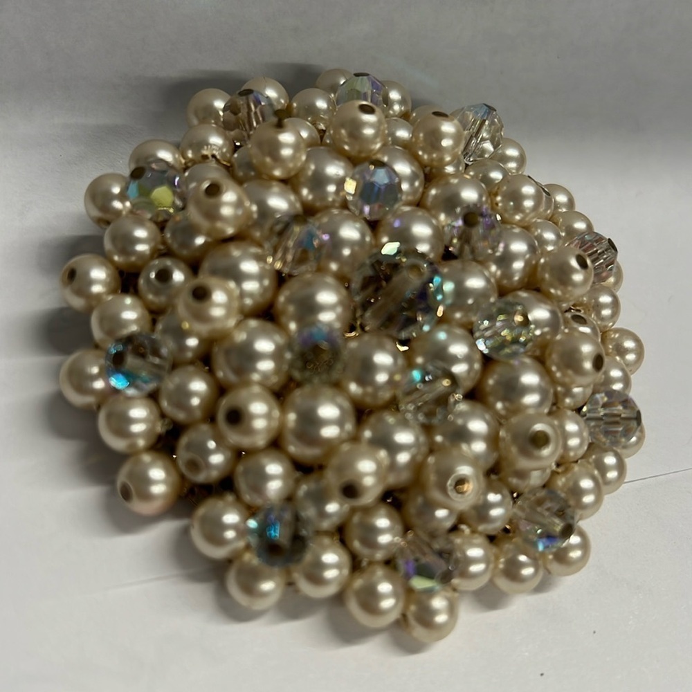 Weiss Attributed Faux Pearl Aurora Borealis Crystal Cluster 2” Pin Brooch